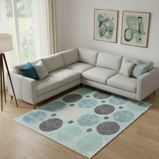 Teal Charcoal And Beige Geometric Washable Area Rug With UV Protection Photo 2