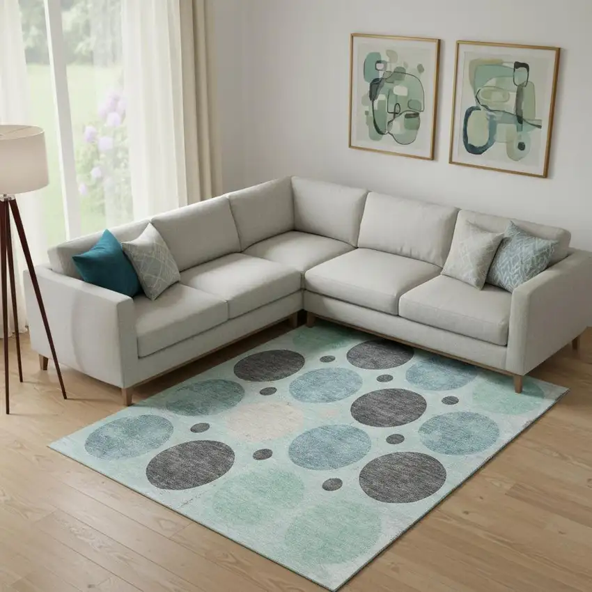 Teal Charcoal And Beige Geometric Washable Area Rug With UV Protection Photo 2