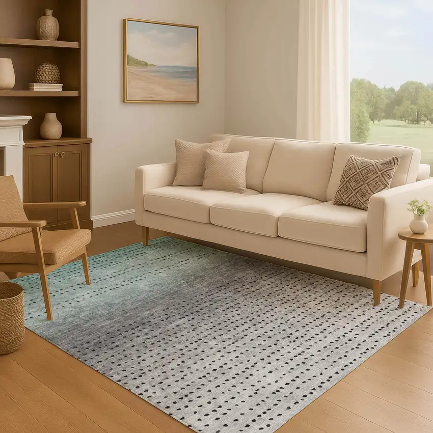 Teal Charcoal And Gray Abstract Washable Area Rug With UV Protection Photo 6