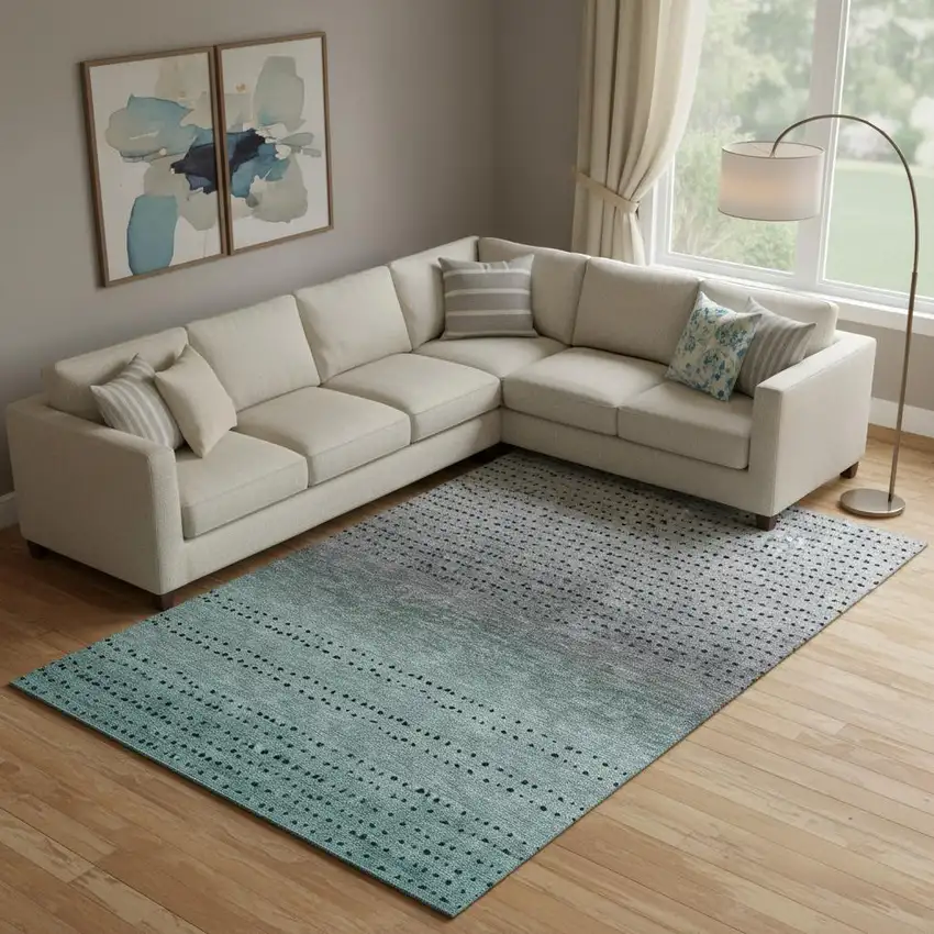 Teal Charcoal And Gray Abstract Washable Area Rug With UV Protection Photo 2