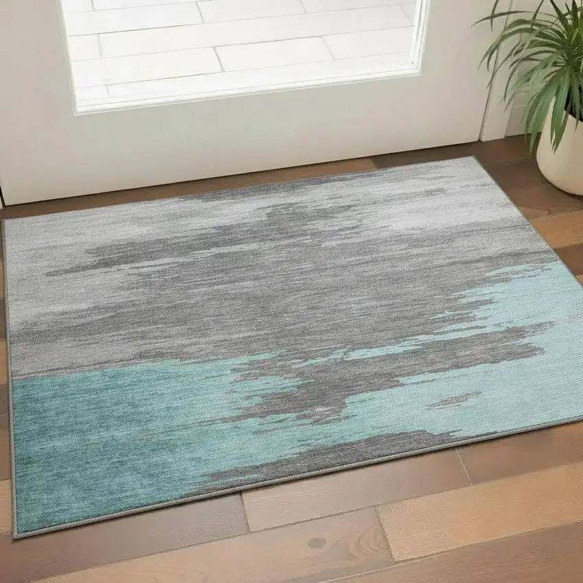 Teal Charcoal And Gray Abstract Washable Area Rug With UV Protection Photo 2