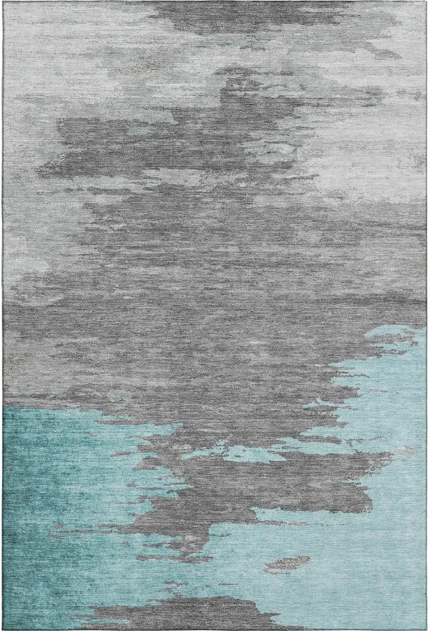 Teal Charcoal And Gray Abstract Washable Area Rug With UV Protection Photo 1