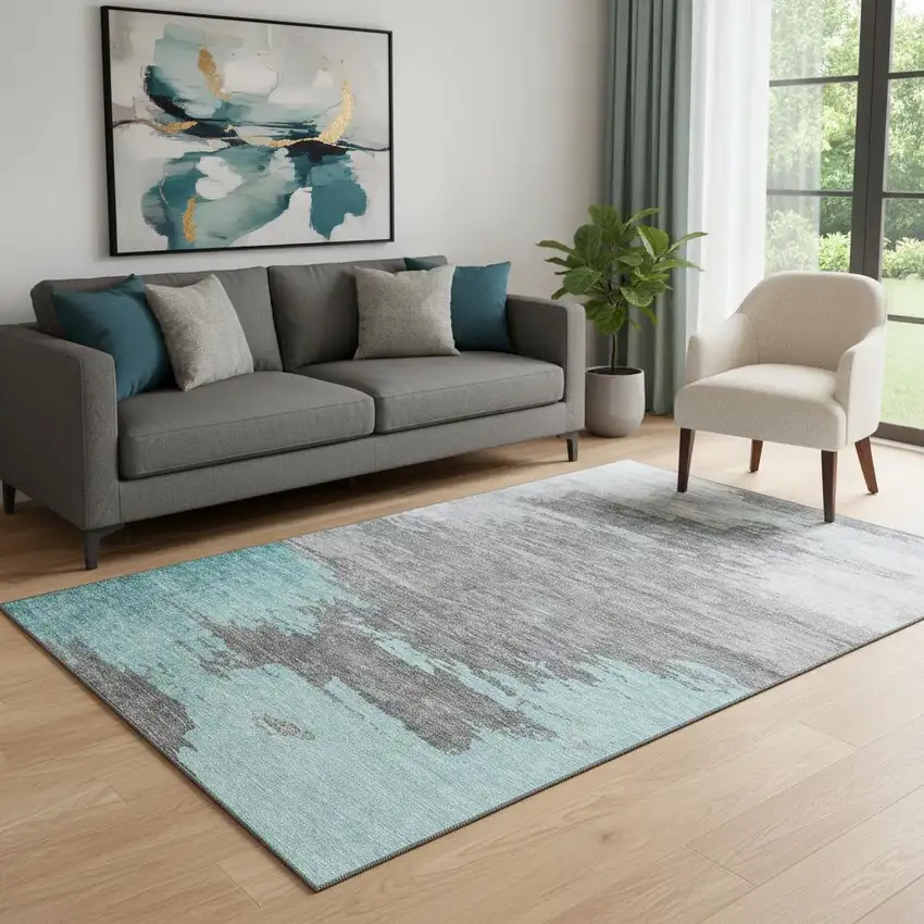 Teal Charcoal And Gray Abstract Washable Area Rug With UV Protection Photo 2