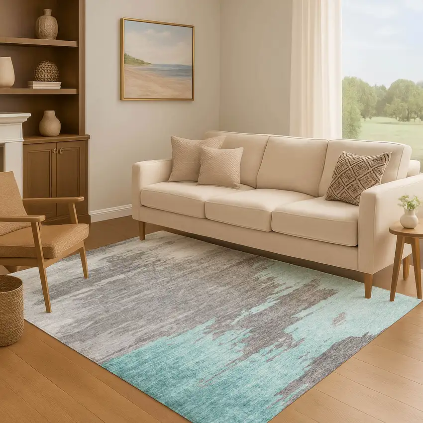 Teal Charcoal And Gray Abstract Washable Area Rug With UV Protection Photo 6