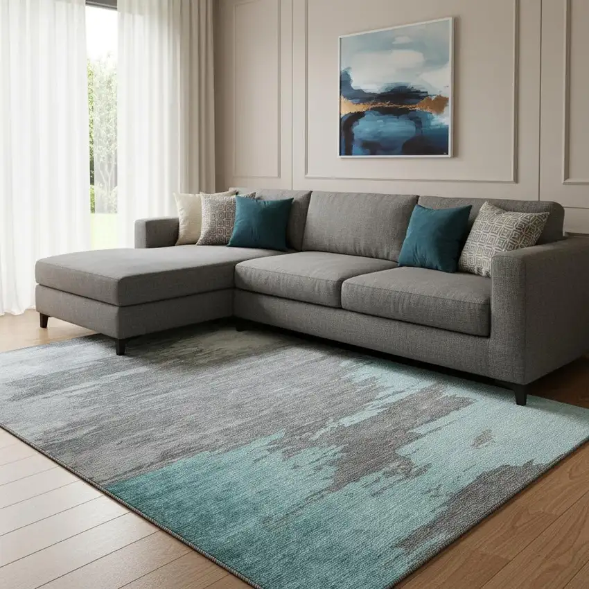 Teal Charcoal And Gray Abstract Washable Area Rug With UV Protection Photo 2