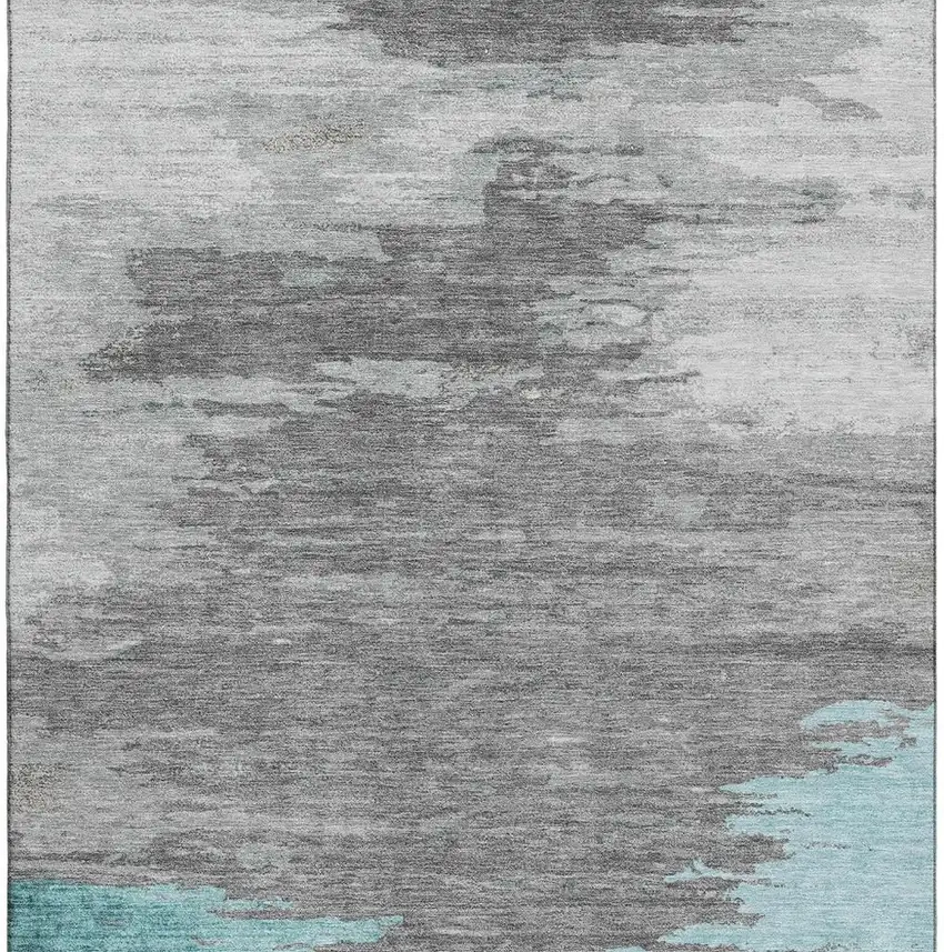 Teal Charcoal And Gray Abstract Washable Area Rug With UV Protection Photo 4