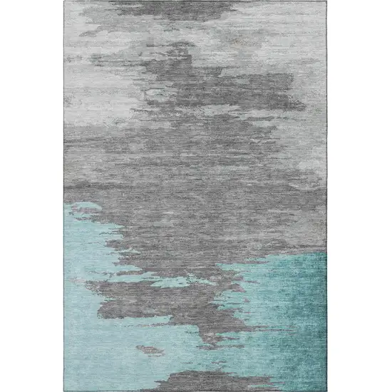Teal Charcoal And Gray Abstract Washable Area Rug With UV Protection Photo 4