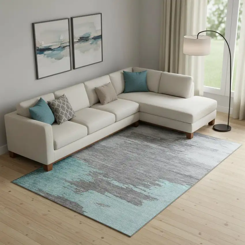 Teal Charcoal And Gray Abstract Washable Area Rug With UV Protection Photo 2