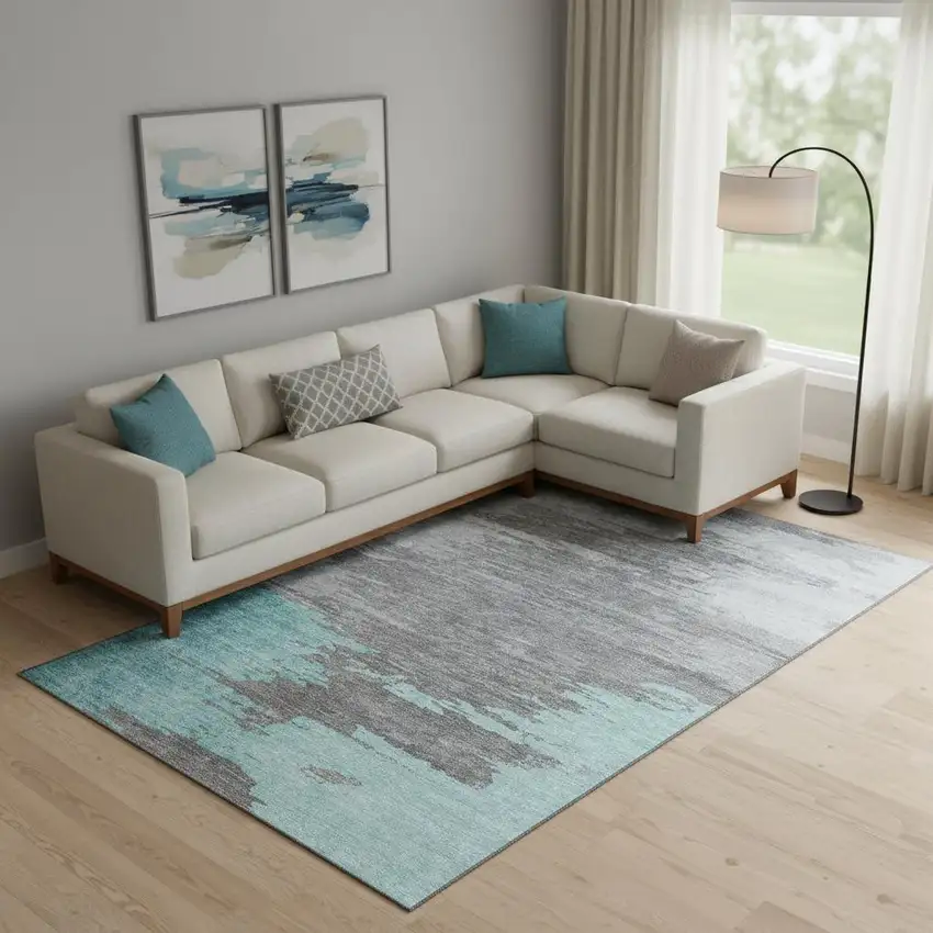 Teal Charcoal And Gray Abstract Washable Area Rug With UV Protection Photo 2