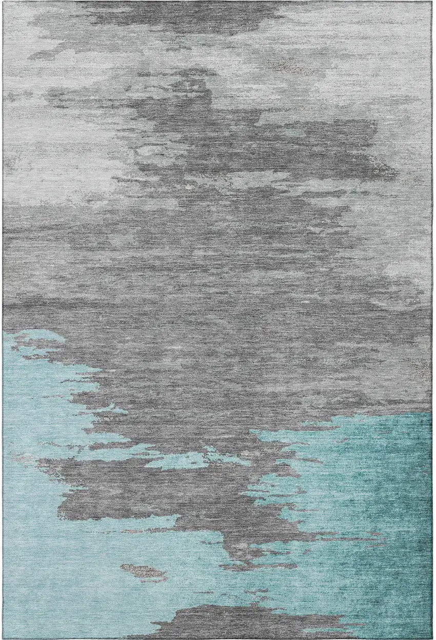 Teal Charcoal And Gray Abstract Washable Area Rug With UV Protection Photo 4
