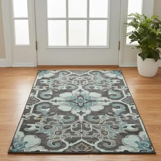 Teal Charcoal And Gray Floral Medallion Washable Area Rug With UV Protection Photo 2