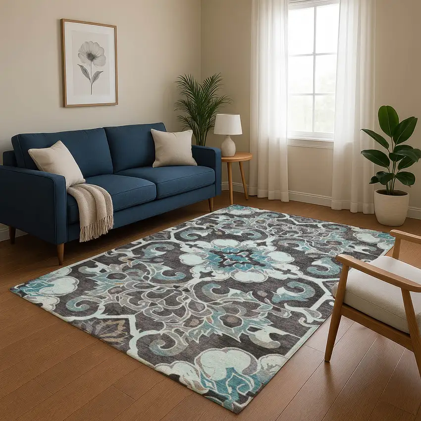 Teal Charcoal And Gray Floral Medallion Washable Area Rug With UV Protection Photo 5