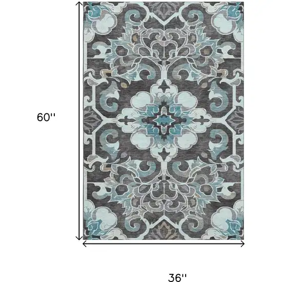 Teal Charcoal And Gray Floral Medallion Washable Area Rug With UV Protection Photo 9