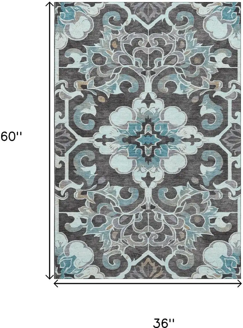 Teal Charcoal And Gray Floral Medallion Washable Area Rug With UV Protection Photo 9