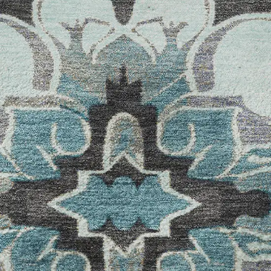 Teal Charcoal And Gray Floral Medallion Washable Area Rug With UV Protection Photo 8