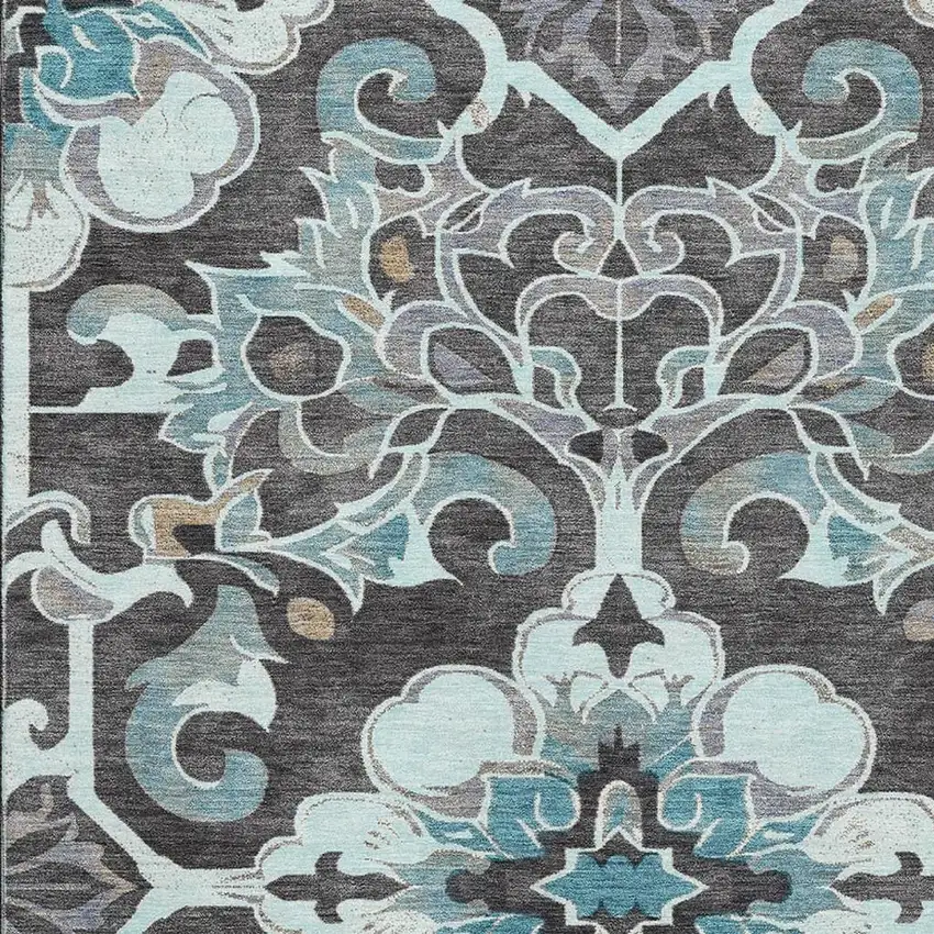 Teal Charcoal And Gray Floral Medallion Washable Area Rug With UV Protection Photo 3