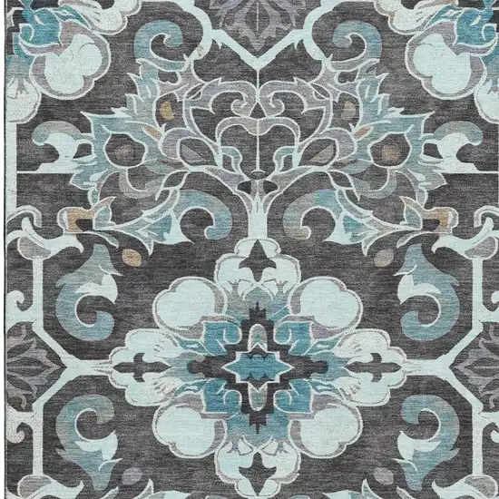 Teal Charcoal And Gray Floral Medallion Washable Area Rug With UV Protection Photo 4