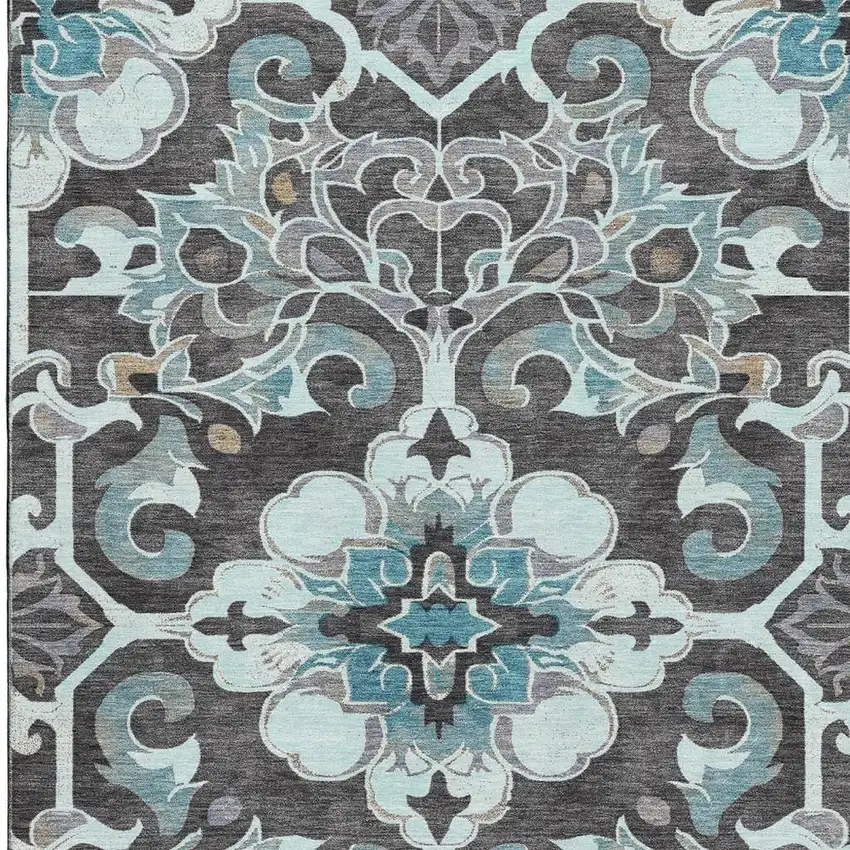 Teal Charcoal And Gray Floral Medallion Washable Area Rug With UV Protection Photo 4