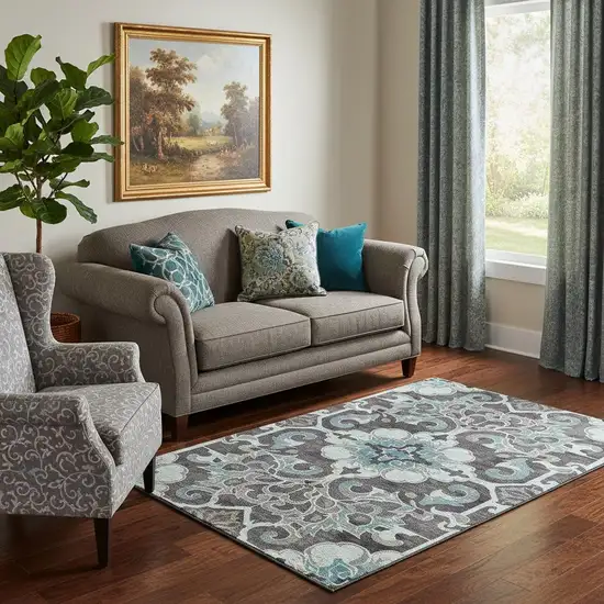 Teal Charcoal And Gray Floral Medallion Washable Area Rug With UV Protection Photo 2