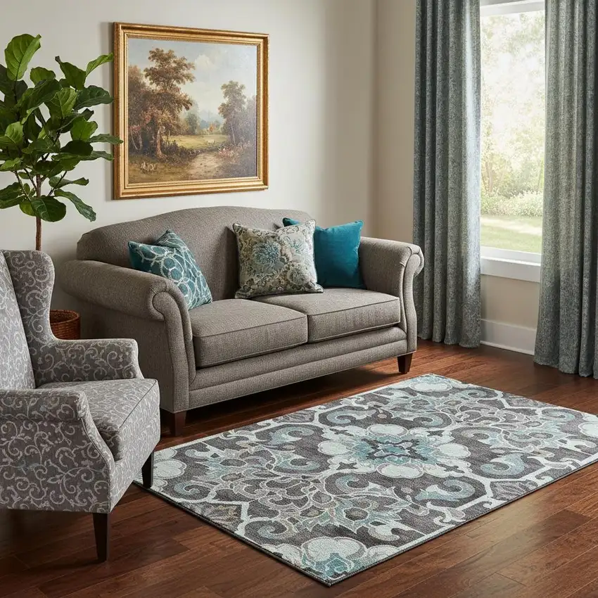 Teal Charcoal And Gray Floral Medallion Washable Area Rug With UV Protection Photo 2