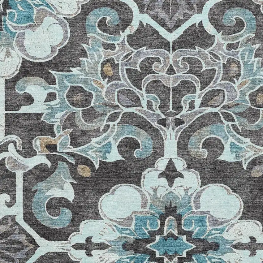 Teal Charcoal And Gray Floral Medallion Washable Area Rug With UV Protection Photo 3