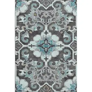 Photo of Teal Charcoal And Gray Floral Medallion Washable Area Rug With UV Protection