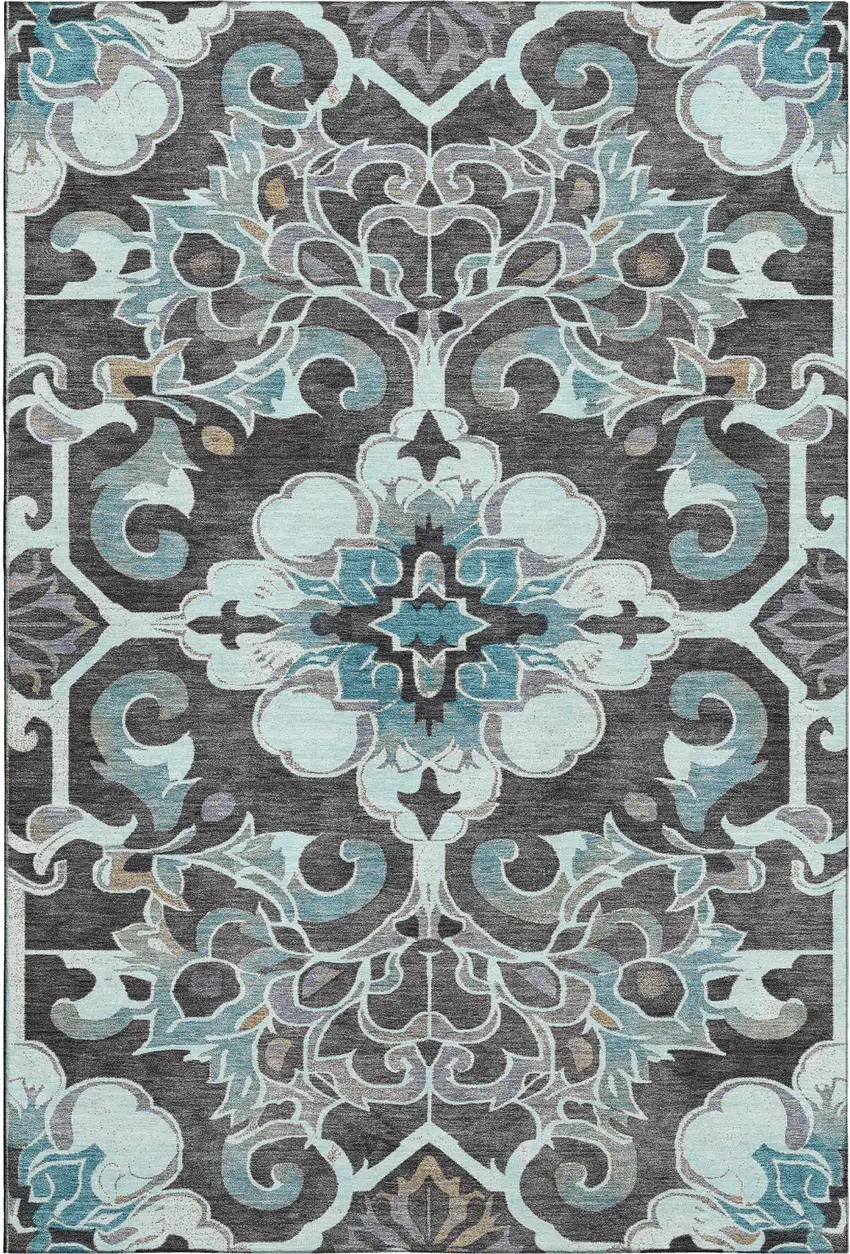 Teal Charcoal And Gray Floral Medallion Washable Area Rug With UV Protection Photo 1