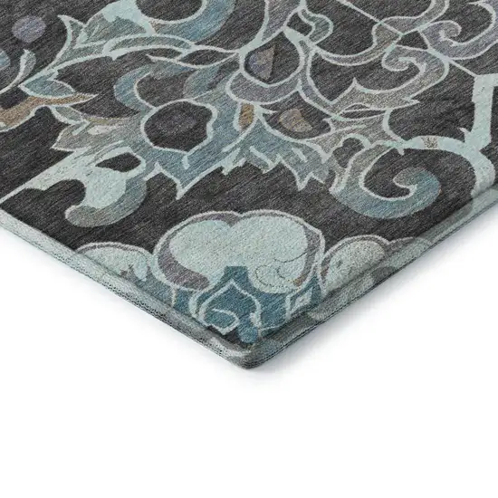 Teal Charcoal And Gray Floral Medallion Washable Area Rug With UV Protection Photo 8