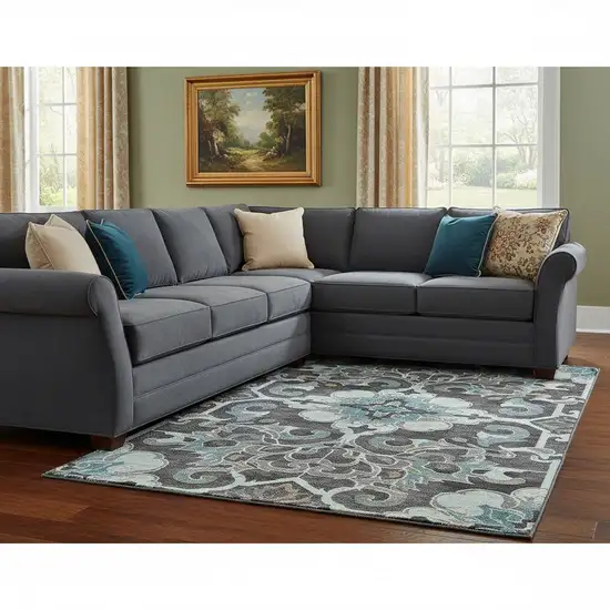 Teal Charcoal And Gray Floral Medallion Washable Area Rug With UV Protection Photo 2