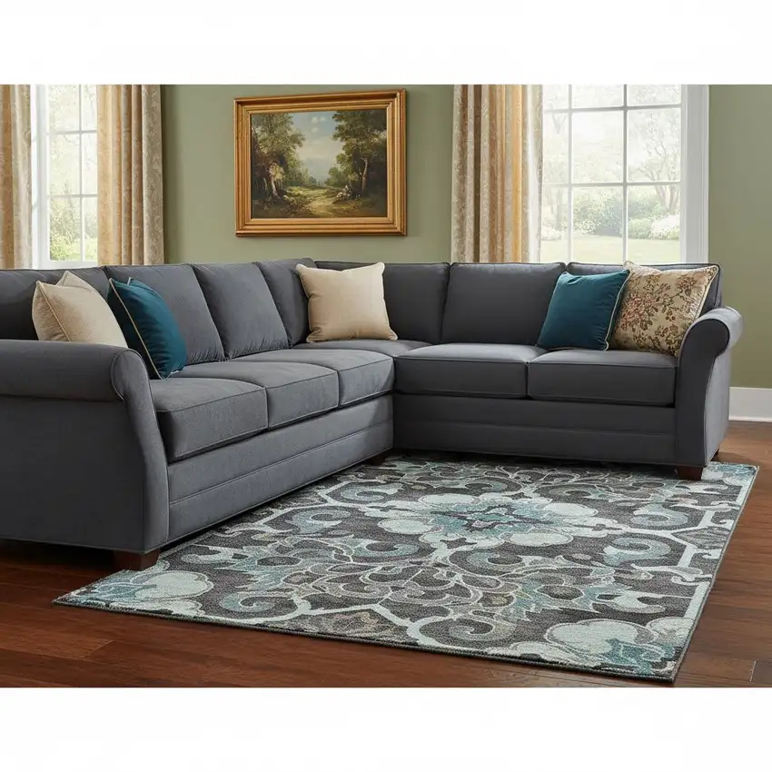 Teal Charcoal And Gray Floral Medallion Washable Area Rug With UV Protection Photo 2