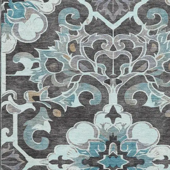 Teal Charcoal And Gray Floral Medallion Washable Area Rug With UV Protection Photo 3