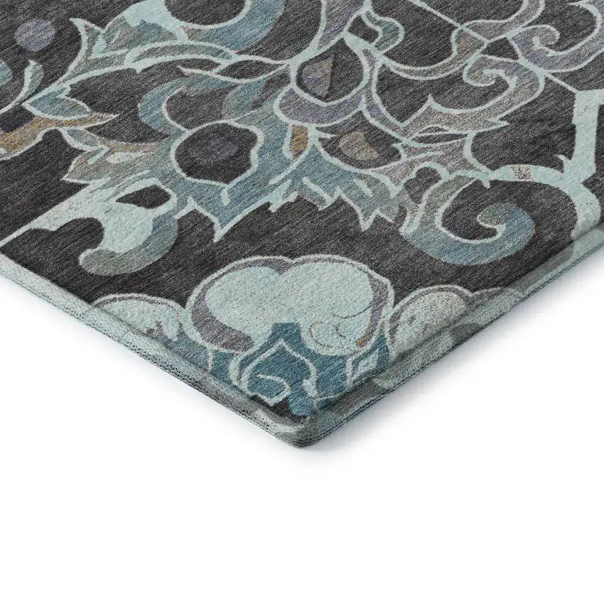 Teal Charcoal And Gray Floral Medallion Washable Area Rug With UV Protection Photo 8