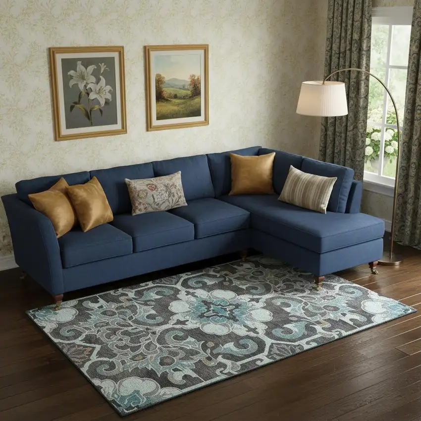 Teal Charcoal And Gray Floral Medallion Washable Area Rug With UV Protection Photo 2