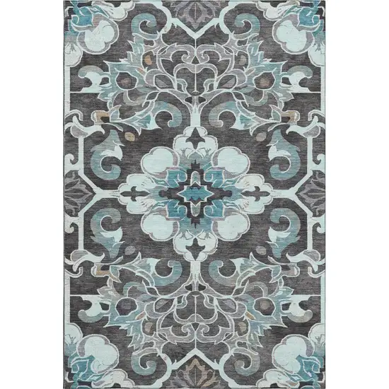 Teal Charcoal And Gray Floral Medallion Washable Area Rug With UV Protection Photo 1