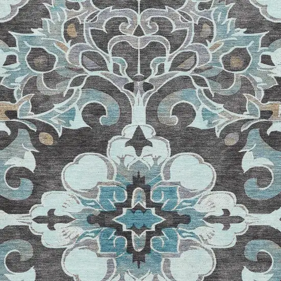 Teal Charcoal And Gray Floral Medallion Washable Area Rug With UV Protection Photo 3