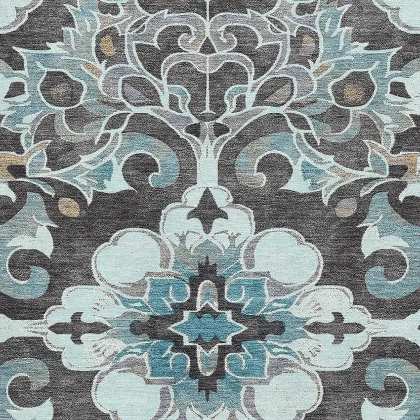 Teal Charcoal And Gray Floral Medallion Washable Area Rug With UV Protection Photo 3