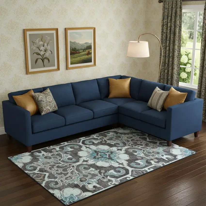 Teal Charcoal And Gray Floral Medallion Washable Area Rug With UV Protection Photo 2