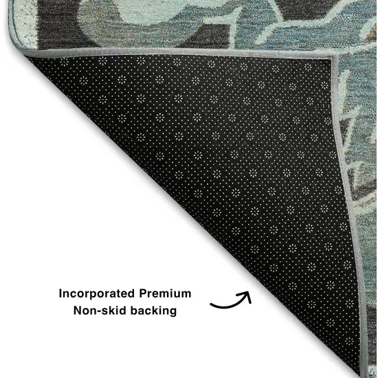 Teal Charcoal And Gray Floral Medallion Washable Area Rug With UV Protection Photo 7