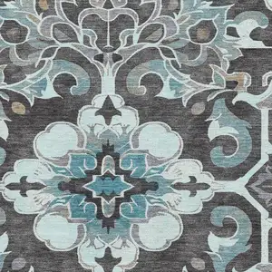 Photo of Teal Charcoal And Gray Floral Medallion Washable Area Rug With UV Protection