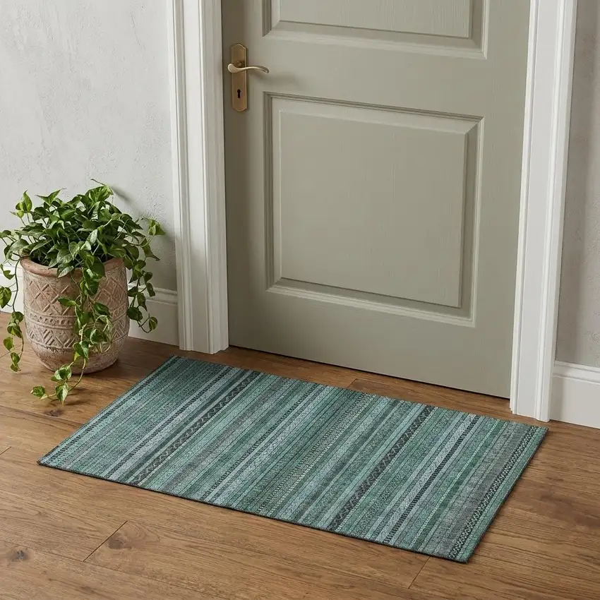 Teal Charcoal And Gray Striped Washable Area Rug With UV Protection Photo 1