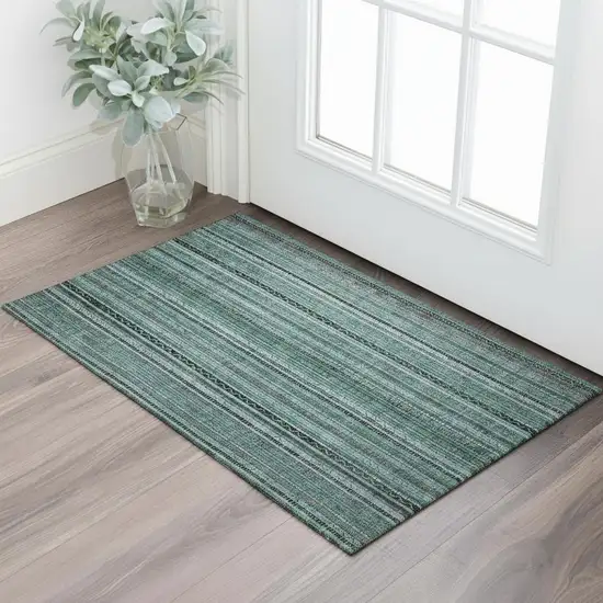 Teal Charcoal And Gray Striped Washable Area Rug With UV Protection Photo 2