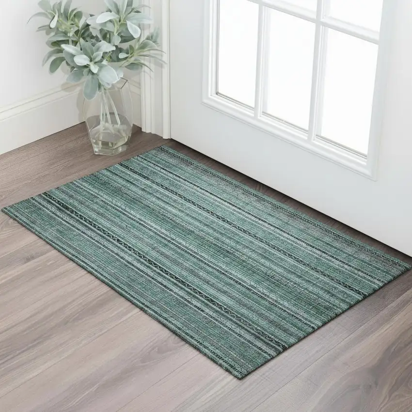 Teal Charcoal And Gray Striped Washable Area Rug With UV Protection Photo 2