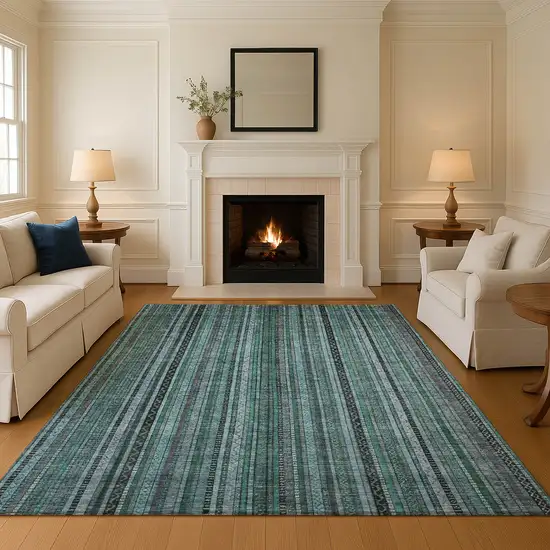 Teal Charcoal And Gray Striped Washable Area Rug With UV Protection Photo 4