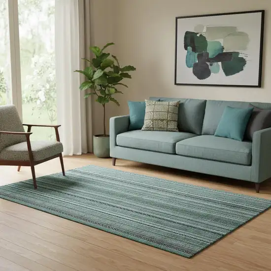 Teal Charcoal And Gray Striped Washable Area Rug With UV Protection Photo 2