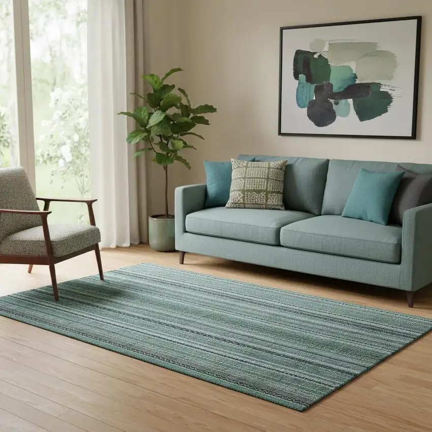 Teal Charcoal And Gray Striped Washable Area Rug With UV Protection Photo 2