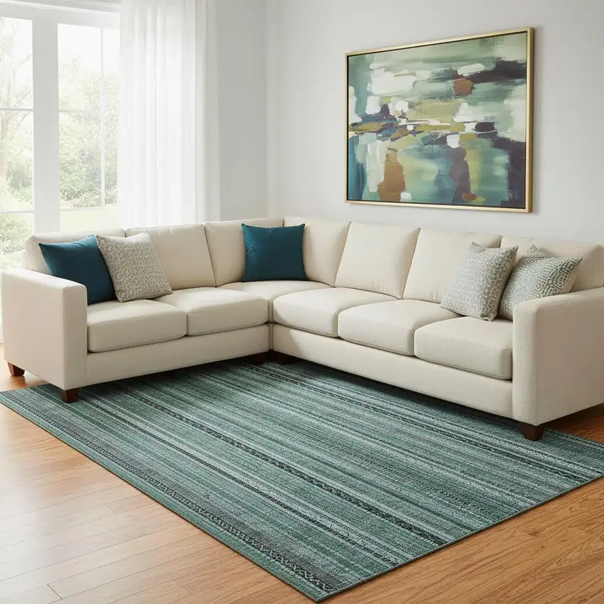 Teal Charcoal And Gray Striped Washable Area Rug With UV Protection Photo 2