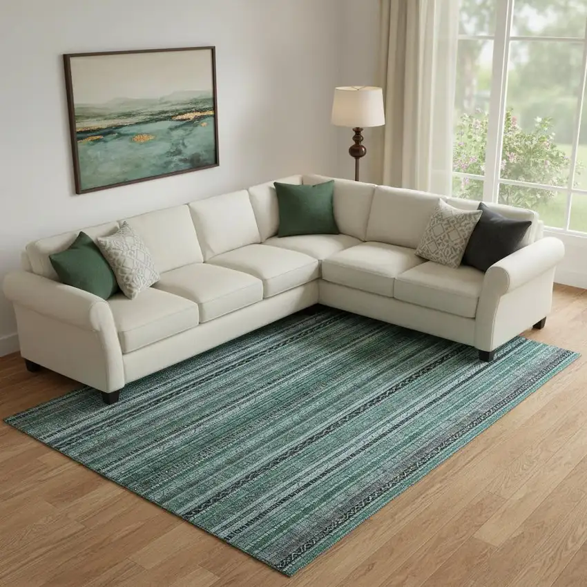 Teal Charcoal And Gray Striped Washable Area Rug With UV Protection Photo 2