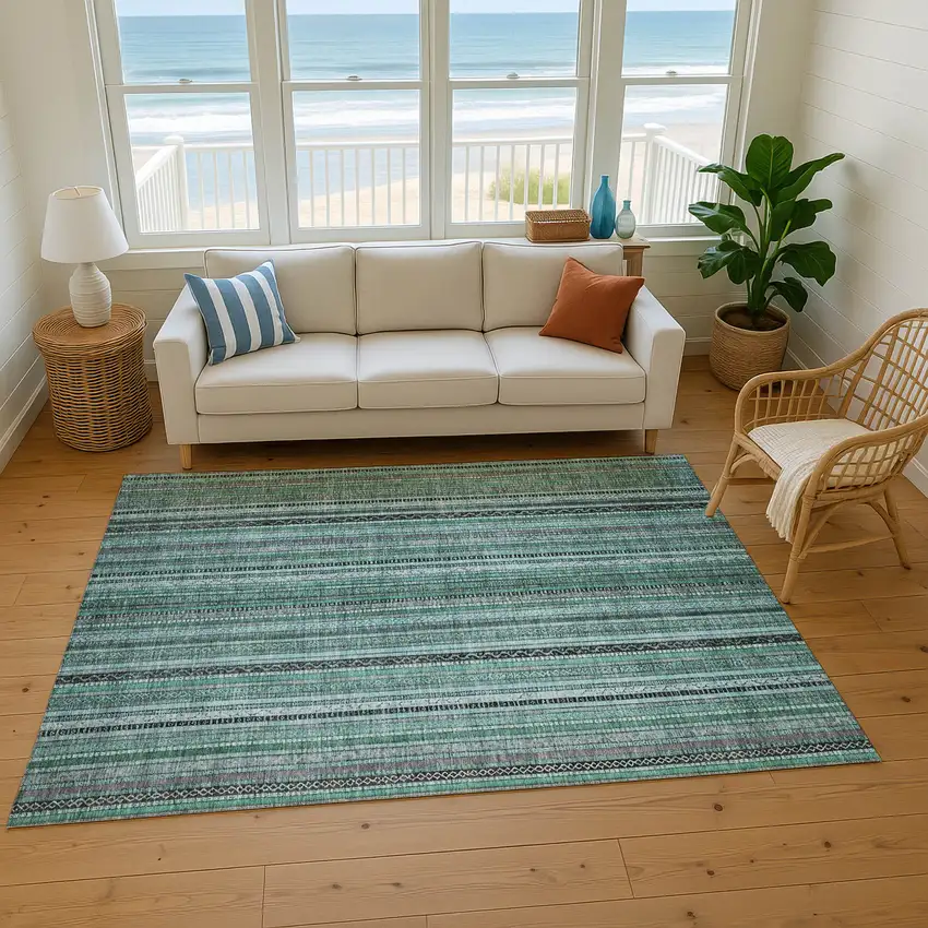 Teal Charcoal And Gray Striped Washable Area Rug With UV Protection Photo 5