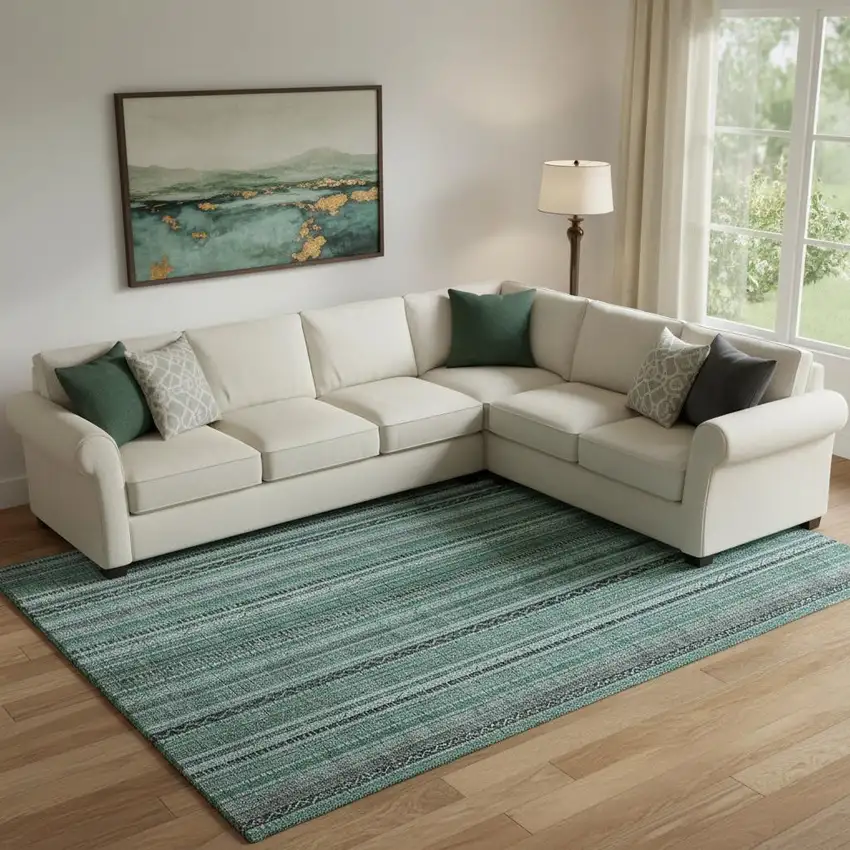 Teal Charcoal And Gray Striped Washable Area Rug With UV Protection Photo 2