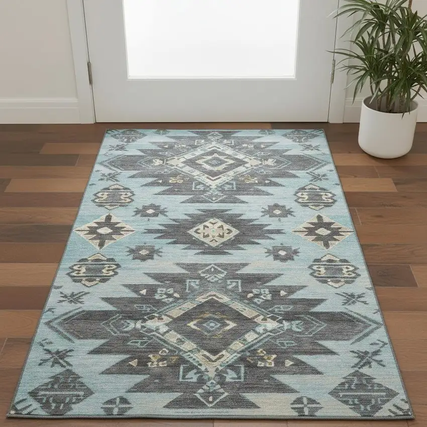 Teal Charcoal And Gray Tribal Washable Area Rug With UV Protection Photo 1
